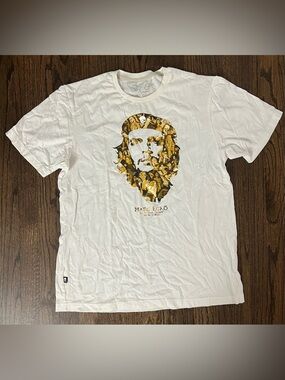 Marc Ecko White Tee with Gold Collage Portrait Graphic